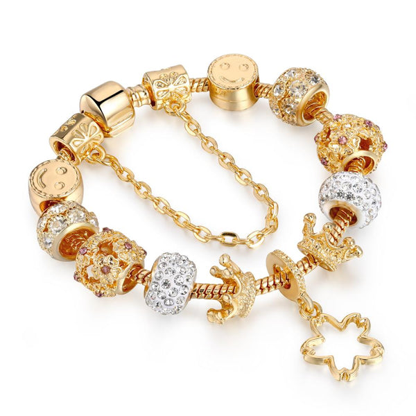 Gold Crown, Smiley & Star Crystal Charm Bracelet