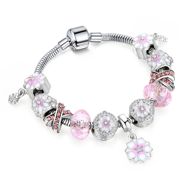 Pink Cherry Blossoms Charm Bracelet