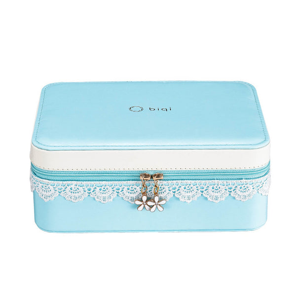 Lace Double-Layer PU Leather Jewelry Storage Box with Daisy Zippers