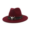 Wide Brim Wool Felt Fedora Hat with Bull Head Decoration