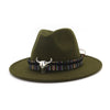 Wide Brim Wool Felt Fedora Hat with Bull Head Decoration