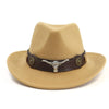 Wide Brim Felt Western Cowboy Hat with Cow Head Decor