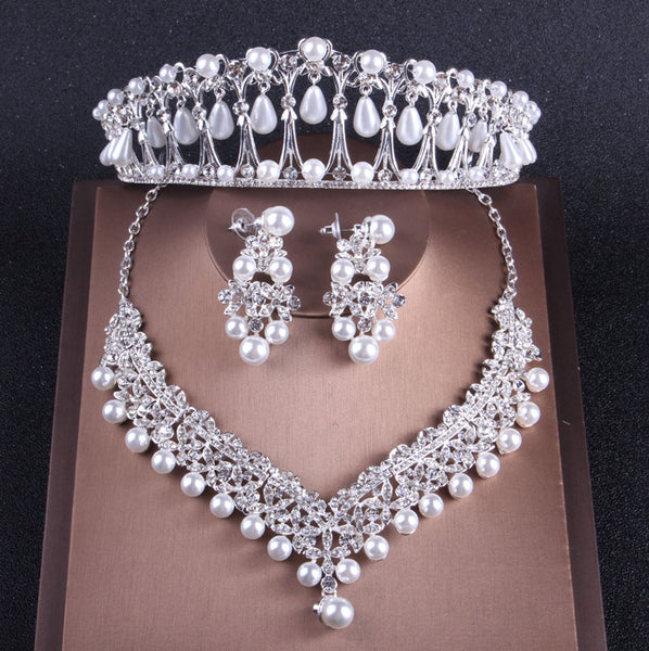 Crystal, Pearl and Rhinestone Tiara, Necklace & Earrings Baroque Wedding Jewelry Set