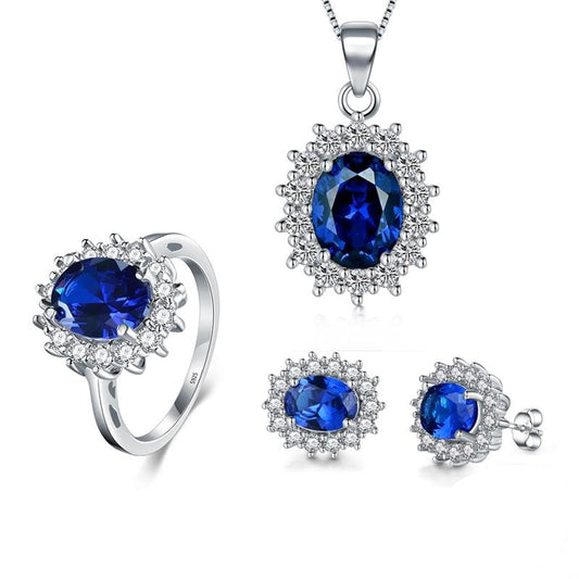 Crystal Oval 925 Sterling Silver Necklace, Earrings & Ring Classic Jewelry Set