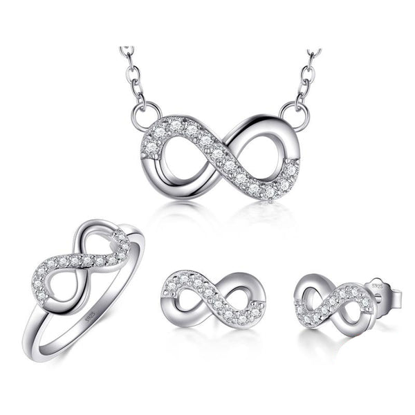 Cubic Zirconia Infinite Love 925 Sterling Silver Necklace, Stud Earrings & Ring Classic Jewelry Set