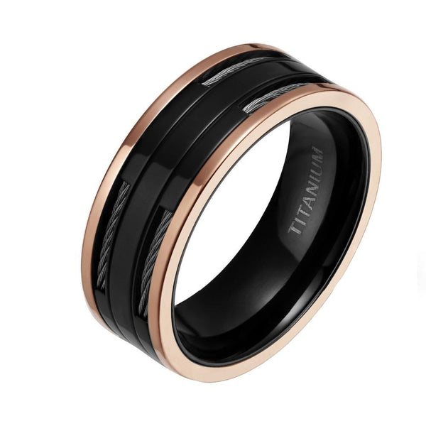 8mm Stainless Steel Cables Black & Rose Gold Titanium Wedding Band
