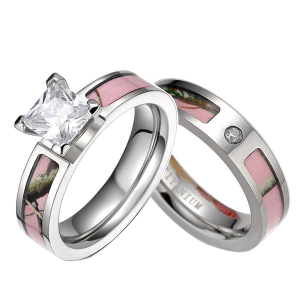 Pink Tree Camo Inlay & Cubic Zirconia Titanium Wedding Rings Set