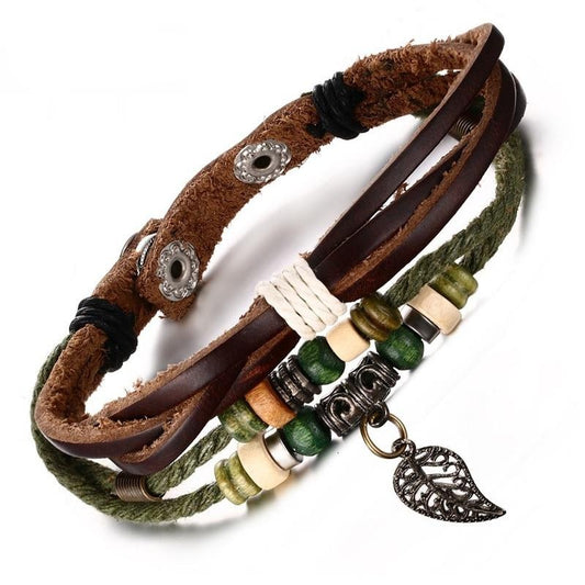 Genuine Leather Leaf Pendant Rebel Charm Bracelet