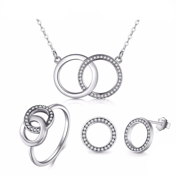 Cubic Zirconia Circle 925 Sterling Silver Necklace, Earrings & Ring Vintage Jewelry Set