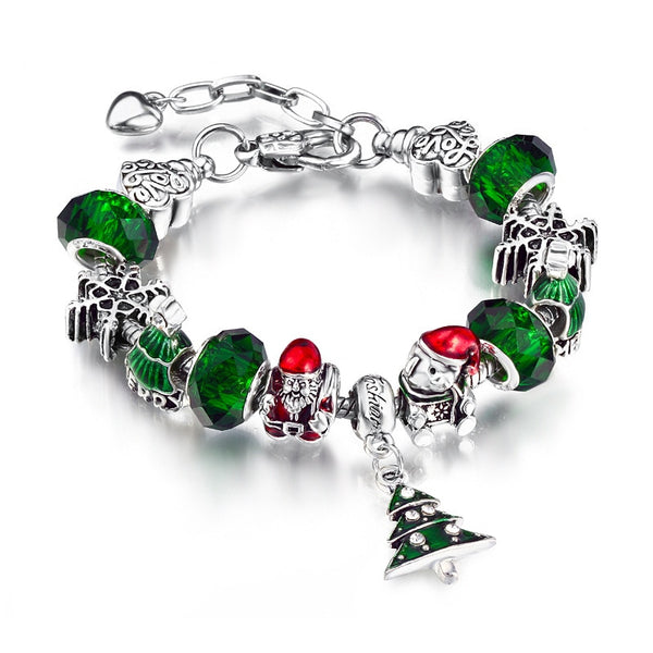Christmas Tree, Santa Claus, Snowflake & Heart Crystal Charm Bracelet