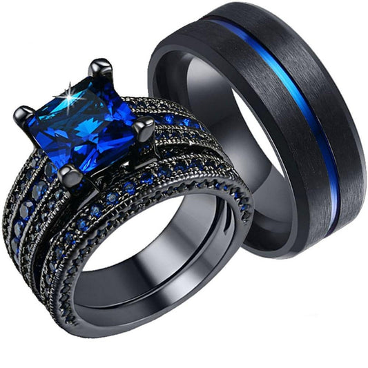 Black Brushed Matte & Blue Inlay Tungsten Carbide Band and Blue Zirconia Wedding Ring Set