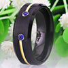 Blue Cubic Zirconia with Golden Groove Black Tungsten Carbide Wedding Band