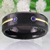 Blue Cubic Zirconia with Golden Groove Black Tungsten Carbide Wedding Band