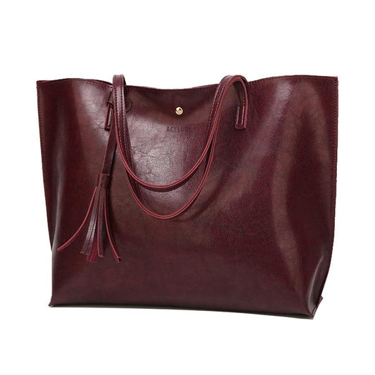 Oil Waxed PU Leather Tassel Large Capacity Handbag & Shoulder Bag