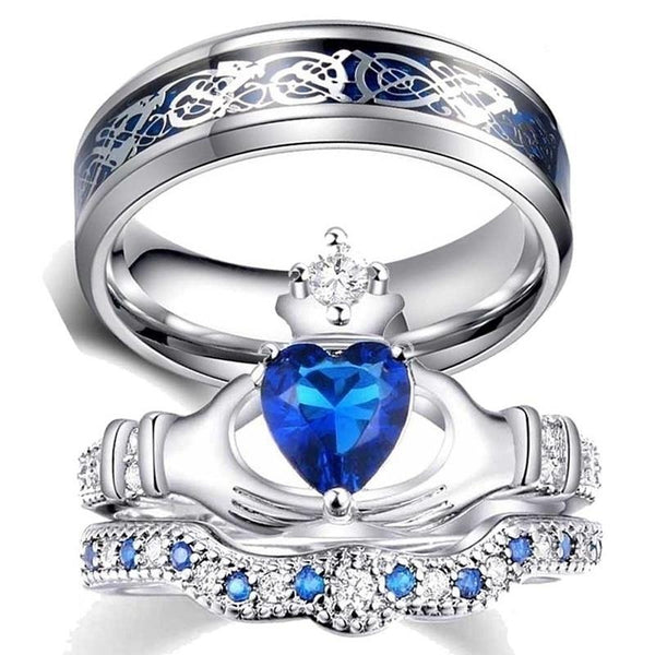His & Hers Silver Blue Celtic Dragon and Cubic Zirconia Claddagh Ring Set