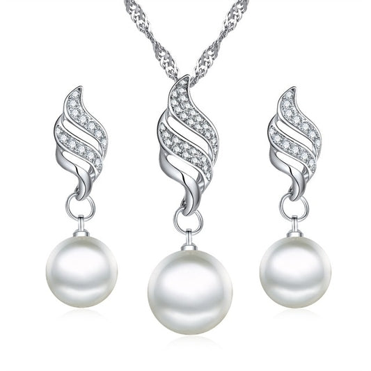 Pearl & Crystal Swirled Fashion Necklace & Earrings Wedding Jewelry Set