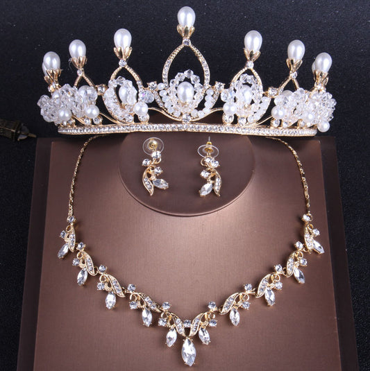 Pearl, Crystal and Rhinestone Tiara, Necklace & Earrings Jewelry Set
