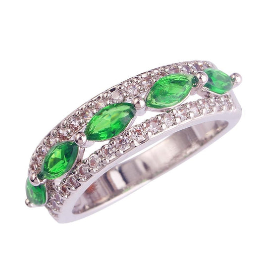 Green Marquise Cut & White Cubic Zirconia 925 Sterling Silver Engagement Ring