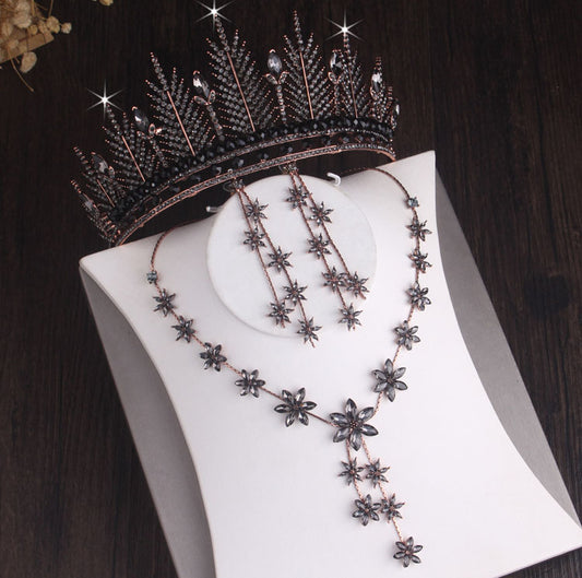 Baroque Black Crystal, Snow, Flowers and Rhinestone Tiara, Necklace & Earrings Jewelry Set