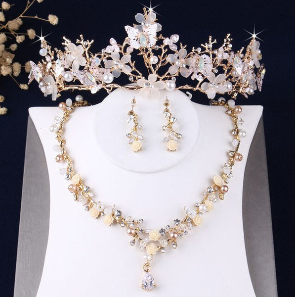 Baroque Gold Crystal Butterfly and Rhinestone Tiara, Necklace & Earrings Jewelry Set
