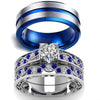 Blue & Silver Wedding Ring Set - Heart Shaped Zirconia and Blue Inlay Tungsten Band