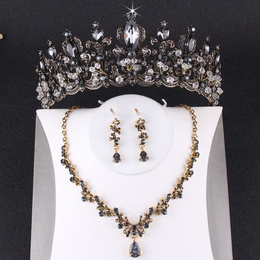 Baroque Vintage Black Crystal Tiara, Necklace & Earrings Wedding Jewelry Set