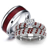 His & Hers Wedding Set - Men's Red Wood Tungsten and Women's White, Red Zircon Engagement Wedding Rings