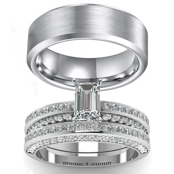 Clear Zirconia and Brushed Matte Stainless Steel Wedding Matching Ring Set