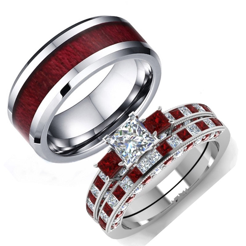 His & Hers Red Koa Wood Inlay and White Zircon Engagement Wedding Ring ...
