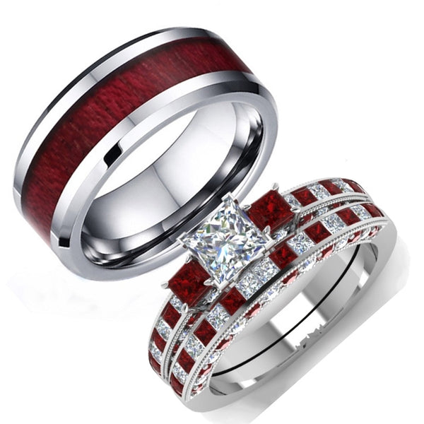 His & Hers Red Koa Wood Inlay and White Zircon Engagement Wedding Ring Set