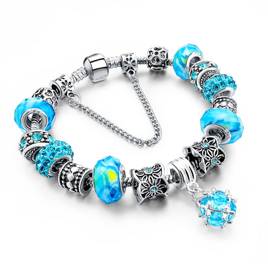 Crystals, Beads & Silver Chain Charm Bracelet