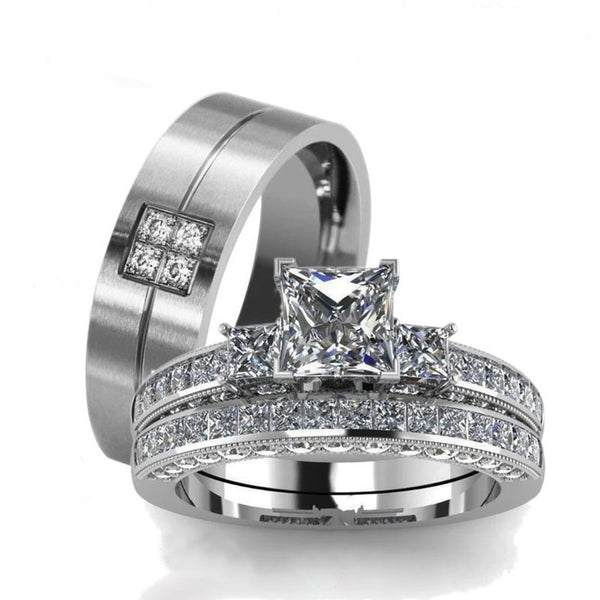 His & Hers Matching Set - Cubic Zirconia and Tungsten Carbide Wedding Engagement Bands