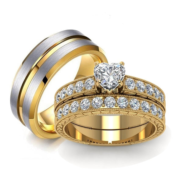 Silver & Gold-plated Tungsten Carbide and White Zirconia Wedding Ring Set