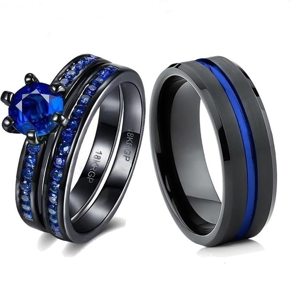 Blue & Black Matching Ring Set with Cubic Zirconia and Tungsten Carbide Wedding Band