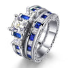 Blue & Silver Wedding Set - Square Cubic Zirconia and Tungsten Carbide Engagement Bands