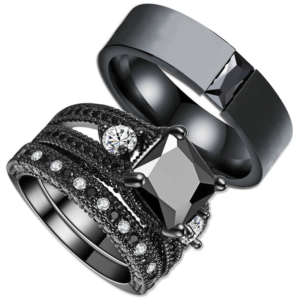 Black and White Cubic Zirconia Tungsten Carbide Wedding Engagement Ring Set