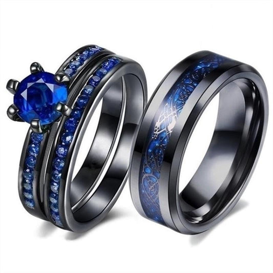 His & Hers Wedding Ring Set - Blue Zirconia and Celtic Dragon Wedding Engagement Bands