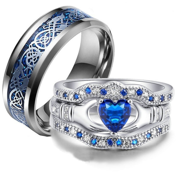 Blue & Silver Celtic Dragon Inlay and Blue Claddagh Zirconia Wedding Rings Set