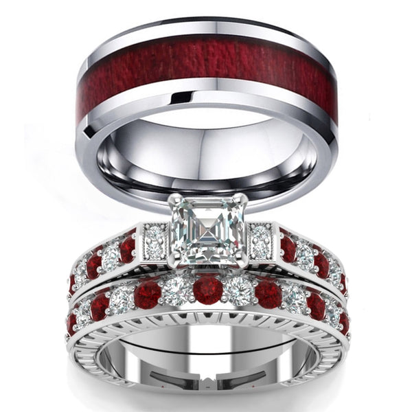 His & Hers Matching Set - Crystal Rhinestones and Red Koa Wood Inlay Engagement Wedding Bands