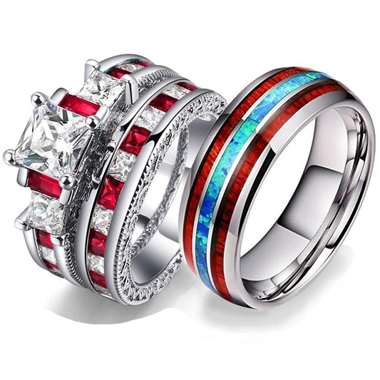 Opal & Koa Wood Inlay Tungsten Carbide Band and White & Red Zircon Wedding Ring Set