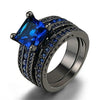 Blue & Black Celtic Dragon Inlay and Blue Square Zirconia Wedding Engagement Rings Set