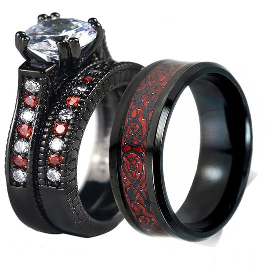 Red King & Queen Wedding Ring Set - Large Cubic Zirconia and Celtic Dragon Inlay Bands