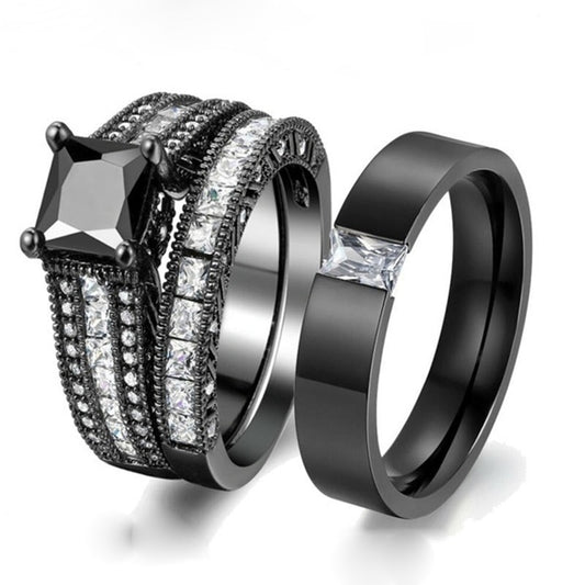 His & Hers Wedding Bands - Black Zirconia and Stainless Steel Zircon Rings