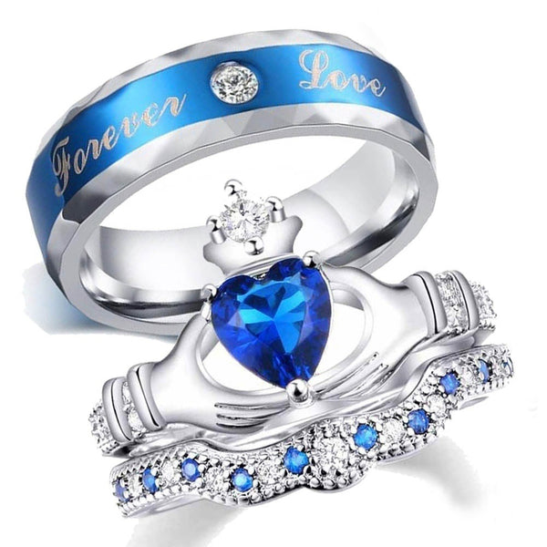 Cubic Zirconia Blue Tungsten Carbide Band and Blue Claddagh Zirconia Wedding Ring Set