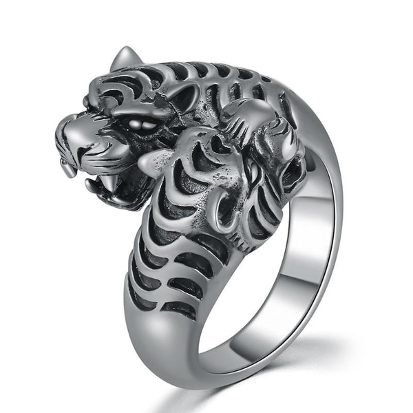 Gothic Two Tiger Heads 925 Sterling Silver Vintage Ring