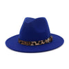 Flat Wide Brim Wool Felt Fedora Hat with Leopard Grain Leather Decor