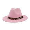Flat Wide Brim Wool Felt Fedora Hat with Leopard Grain Leather Decor