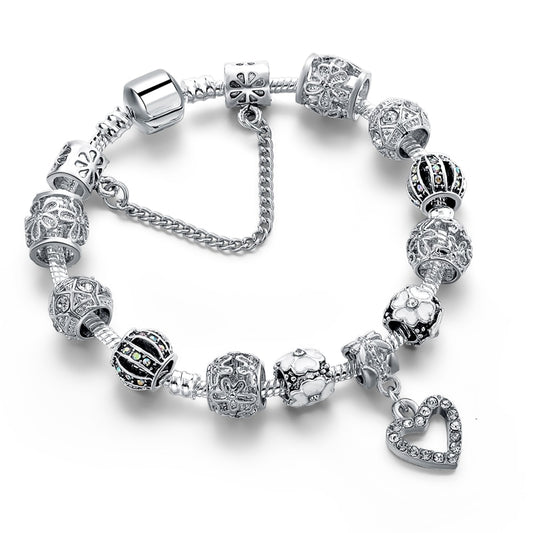 Unique Silver Heart, Snowflake & Flower Charm Crystal Bracelet