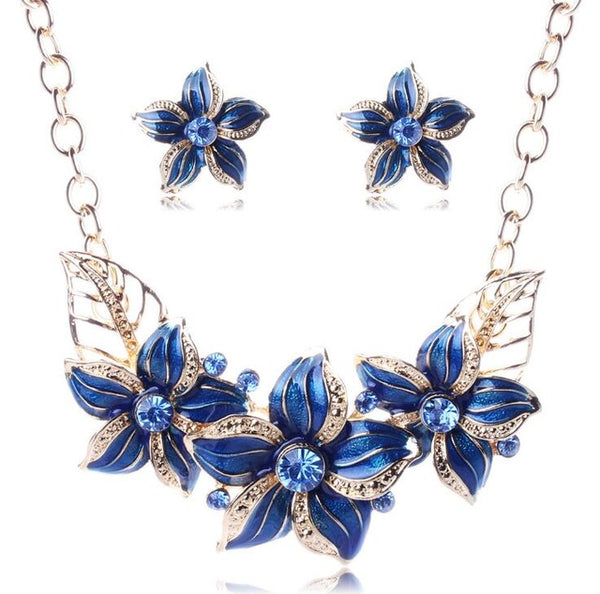 Austrian Crystal Enamel Flower Necklace & Earring Jewelry Set