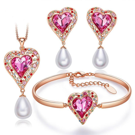 Crystal Heart Rose Gold Necklace, Bracelet & Earrings Jewelry Set